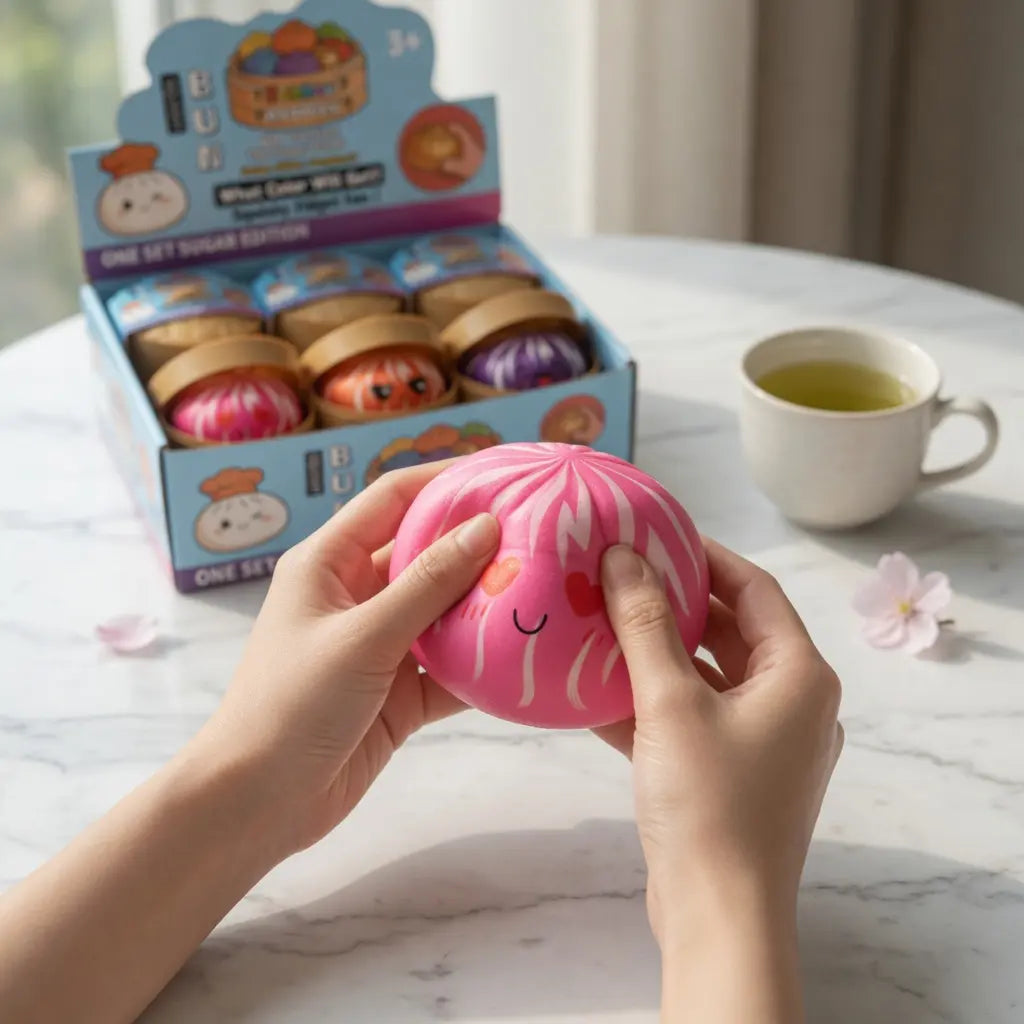 Hands squeeze the ZoDoll Rainbow Mystery Squishy Bun Fidget Toy with Steamer – Sugar Edition, featuring a cute smile, white stripes, and vibrant colors, beside its box, a tea cup, and a flower on a marble table.