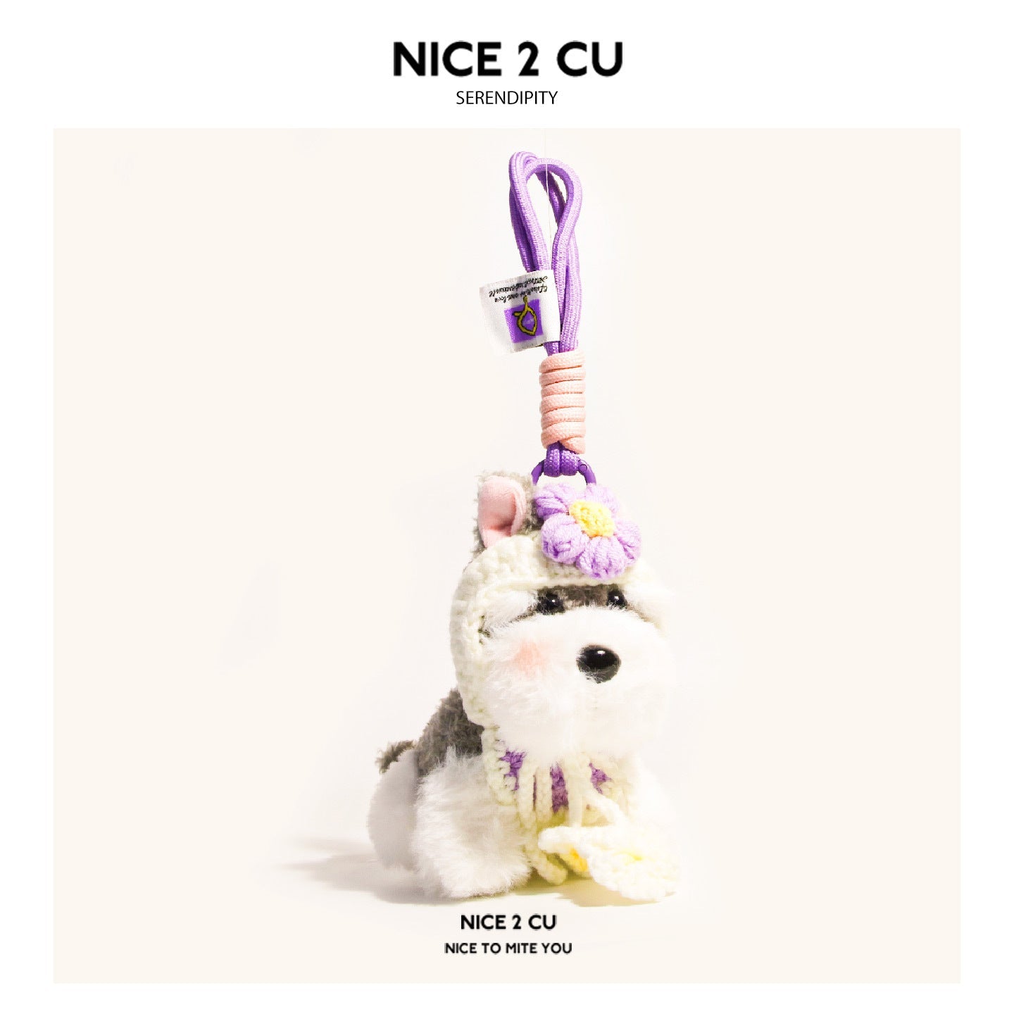 Kawaii Schnauzer plush keychain charm wearing a purple knit hat with daisy flower and striped scarf, purple paracord cord
