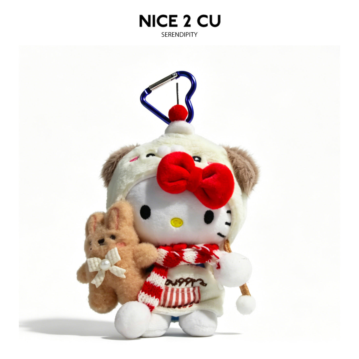 Kawaii cat plush charm in dog-themed hood with floppy ears, red bow, and small plush dog