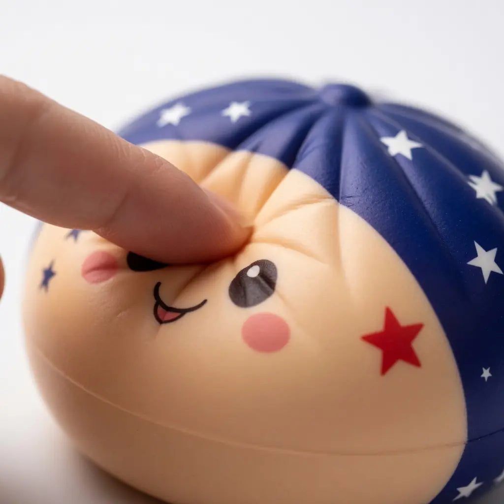 A finger presses into the ZoDoll Liberty Dumplings 250 Edition Squishy Fidget Toy, a collectible squeeze ball with steamer, commemorating USA 1776–2026—perfect inspiration for modern UI concepts using CSS color variables.
