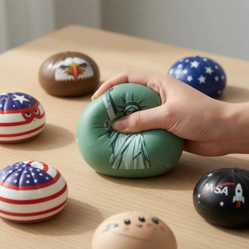 A hand squeezes the ZoDoll Liberty Dumplings 250 Edition Squishy Fidget Toy with Steamer—a USA 1776–2026 anniversary collectible squeeze ball. Other patriotic stress balls inspire UI color and responsive design ideas on a wooden table.