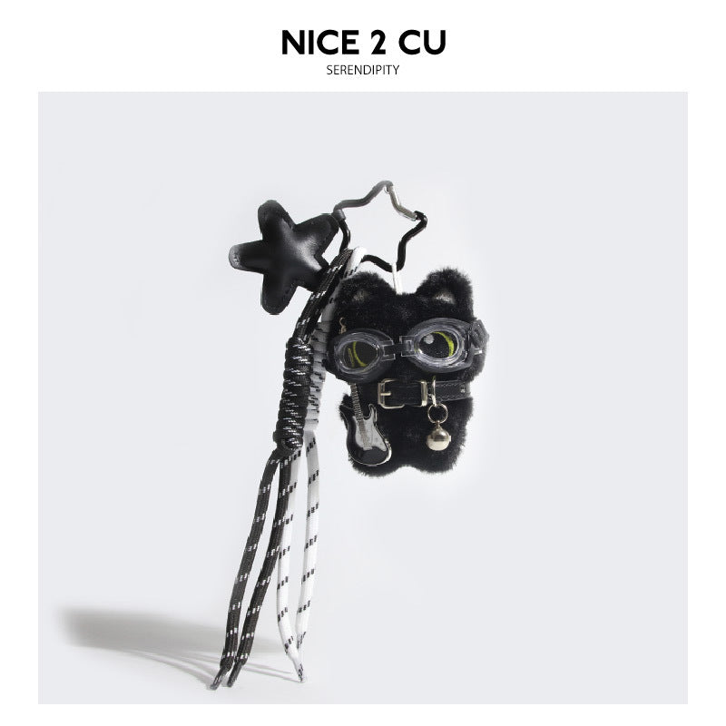 Cool black cat plush charm wearing gray goggles with a miniature guitar accessory, star pendant, and tassel cords