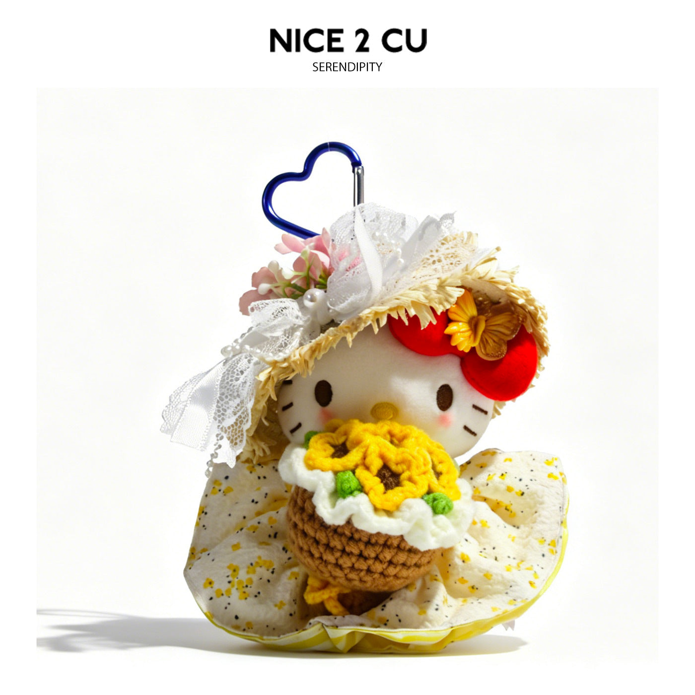 Kawaii cat plush charm with yellow bouquet and straw hat, front view