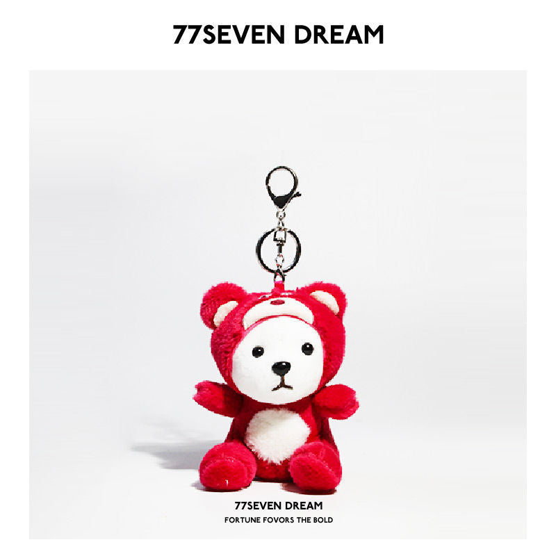 Red plush bear keychain charm wearing a red hooded bear costume with white face and silver clasp