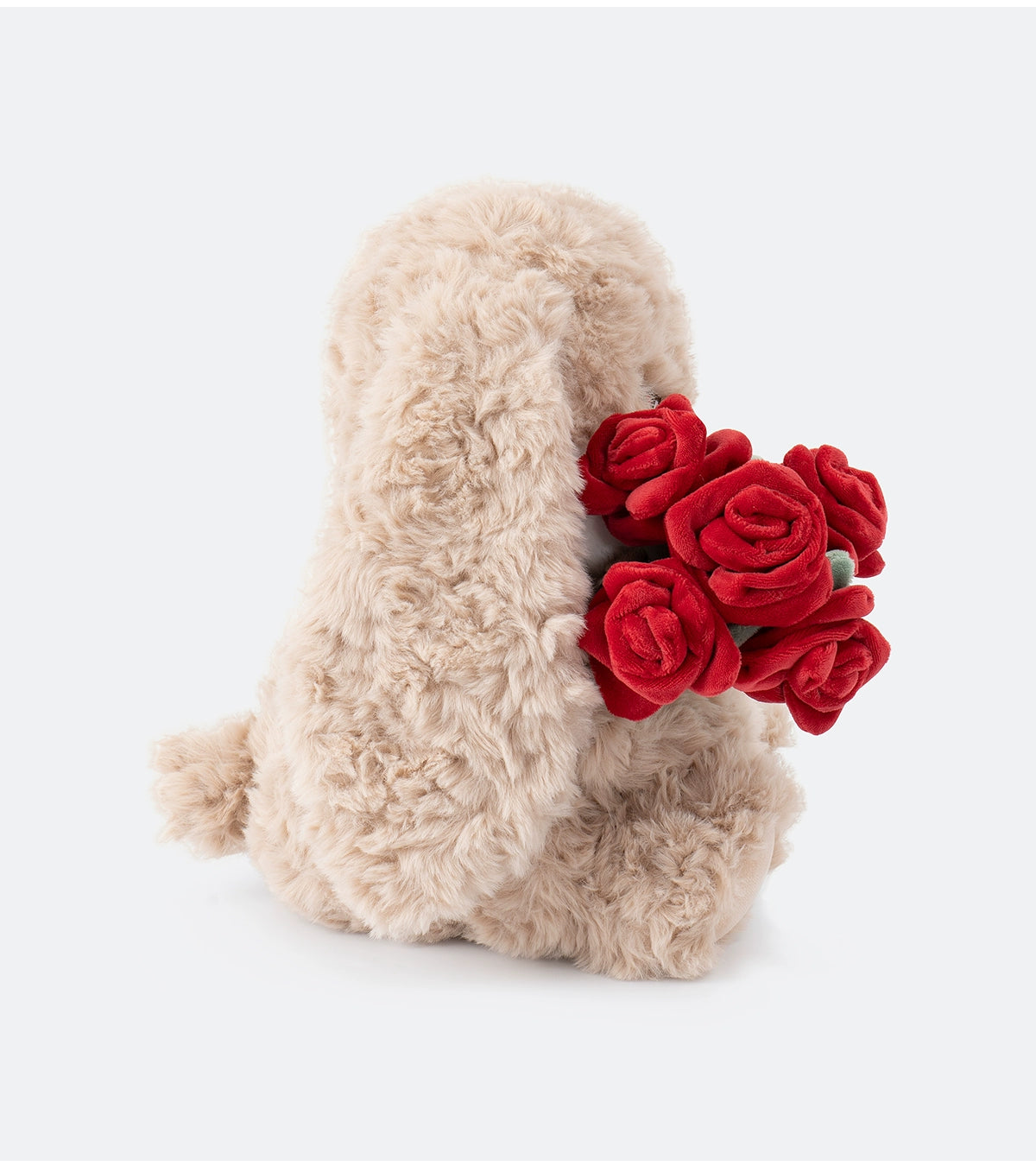 The ZEIO Rose-Holding Bunny Plush Toy (29cm) features a soft rabbit doll with its back turned, holding a red rose bouquet—an adorable accent for any nursery décor.