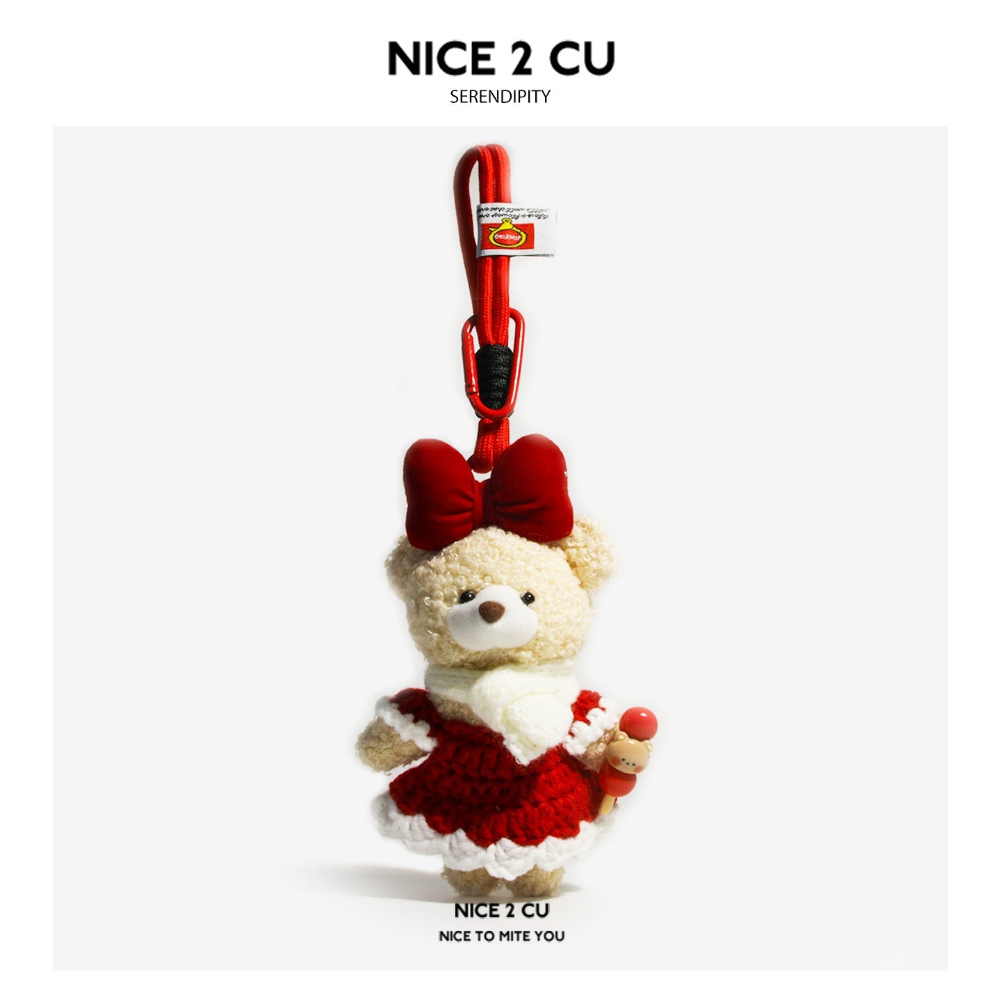 Candy Hawthorn Girl plush teddy bear charm in red-and-white dress, red bow, white scarf, with candy-skewer side decoration