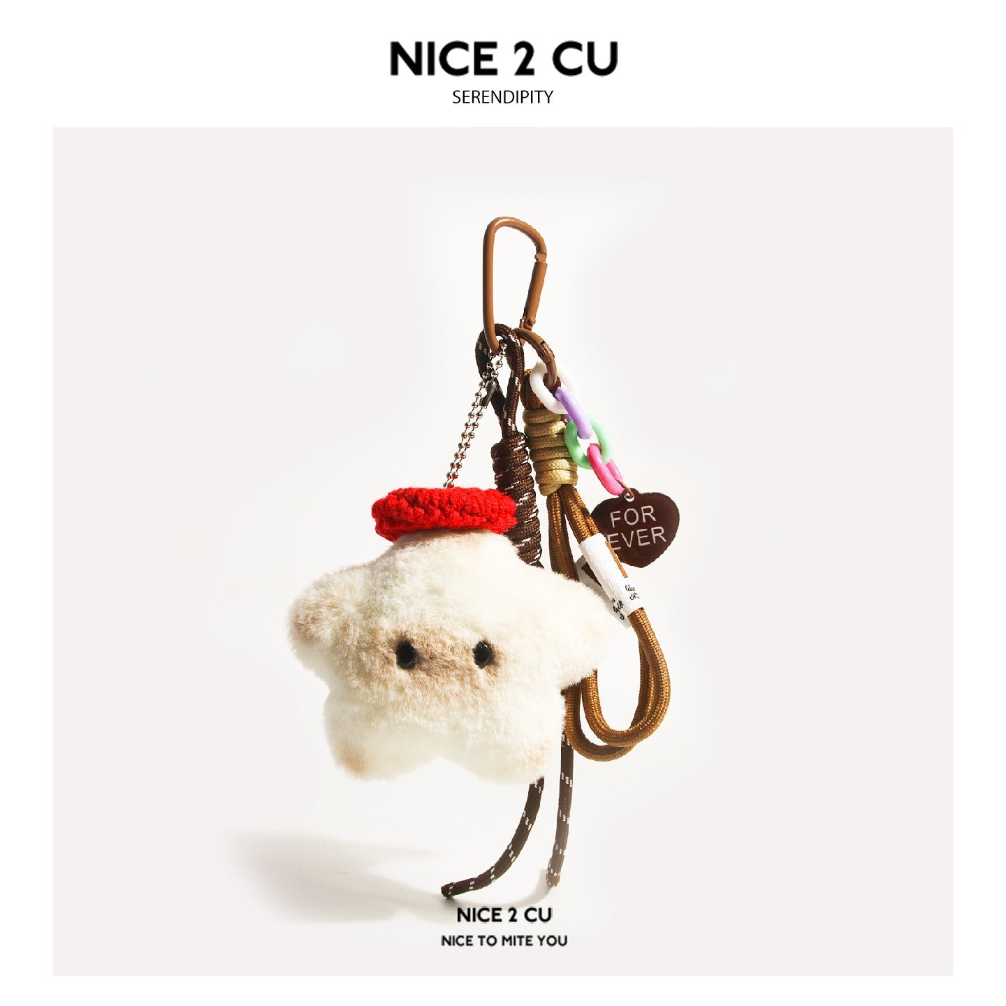 Kawaii star cat plush charm with heart tag, colorful chain links, and red crocheted head accent