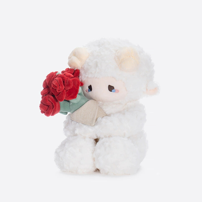 ZEIO Rose-holding Lamb Plush Toy 29cm—an adorable sheep doll in a white costume holding red roses, perfect as a Valentine’s Day gift. Seated against a plain white background.