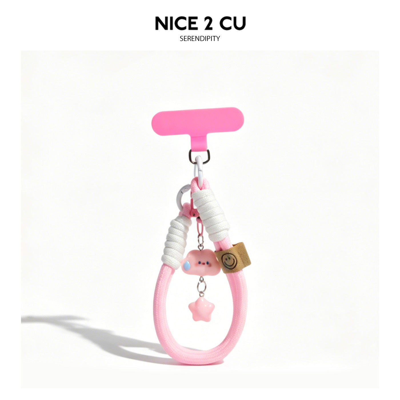 Pink wrist strap lanyard with pink cloud charm and pink star pendant, white coil cord accents