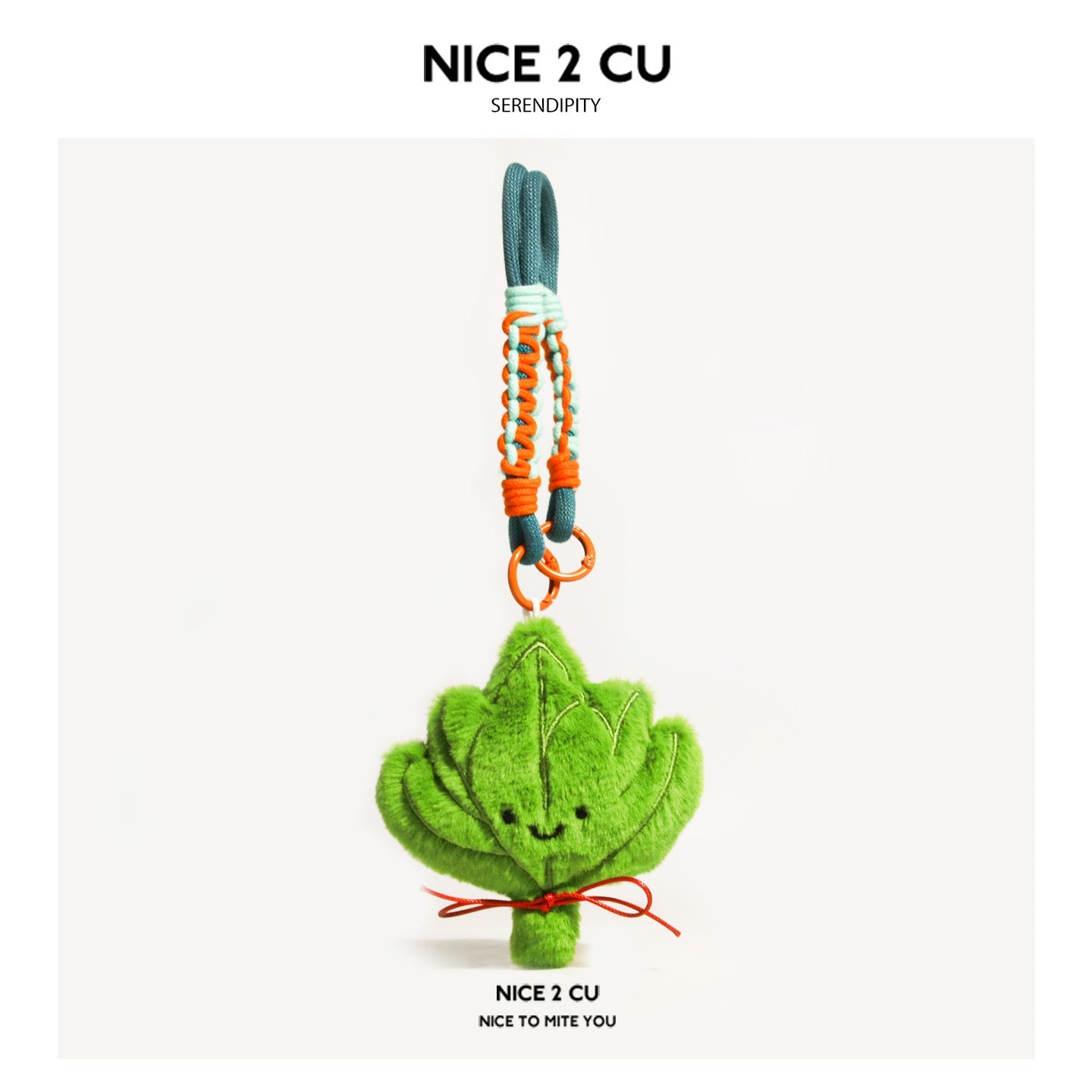 NICE 2 CU small smiling leaf plush charm with red bow and teal braided cord keychain strap