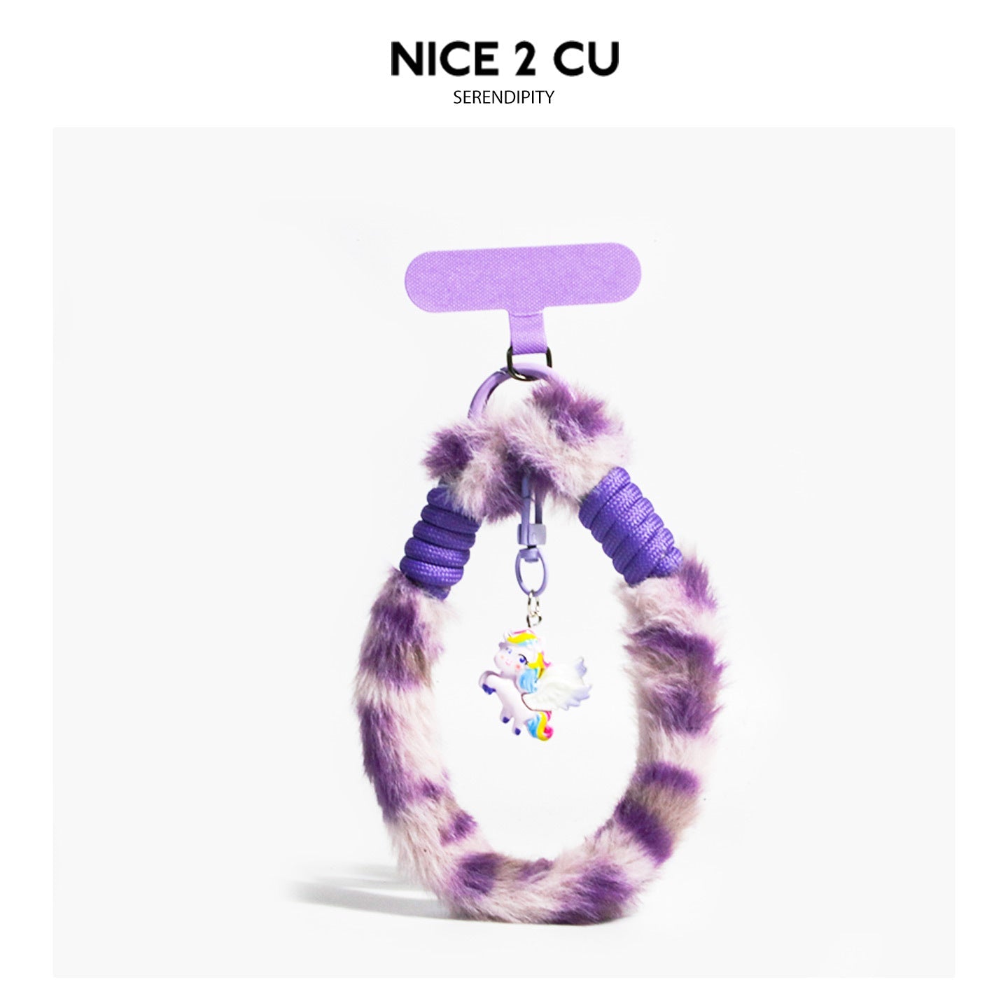 Purple fluffy leopard-print phone wrist strap with lavender T-bar clip and unicorn charm pendant