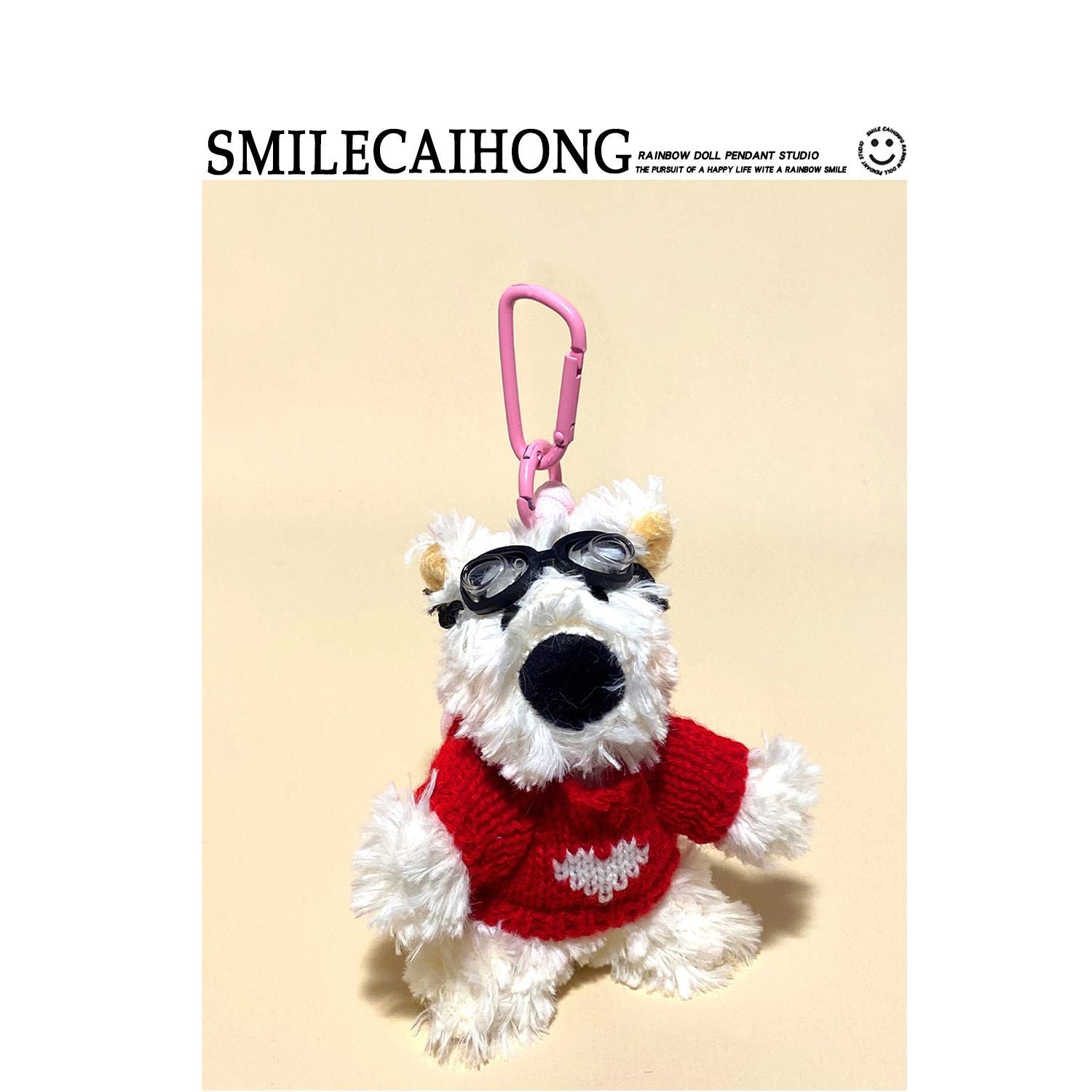 Kawaii white terrier plush charm in red heart sweater with goggles and pink clip cord