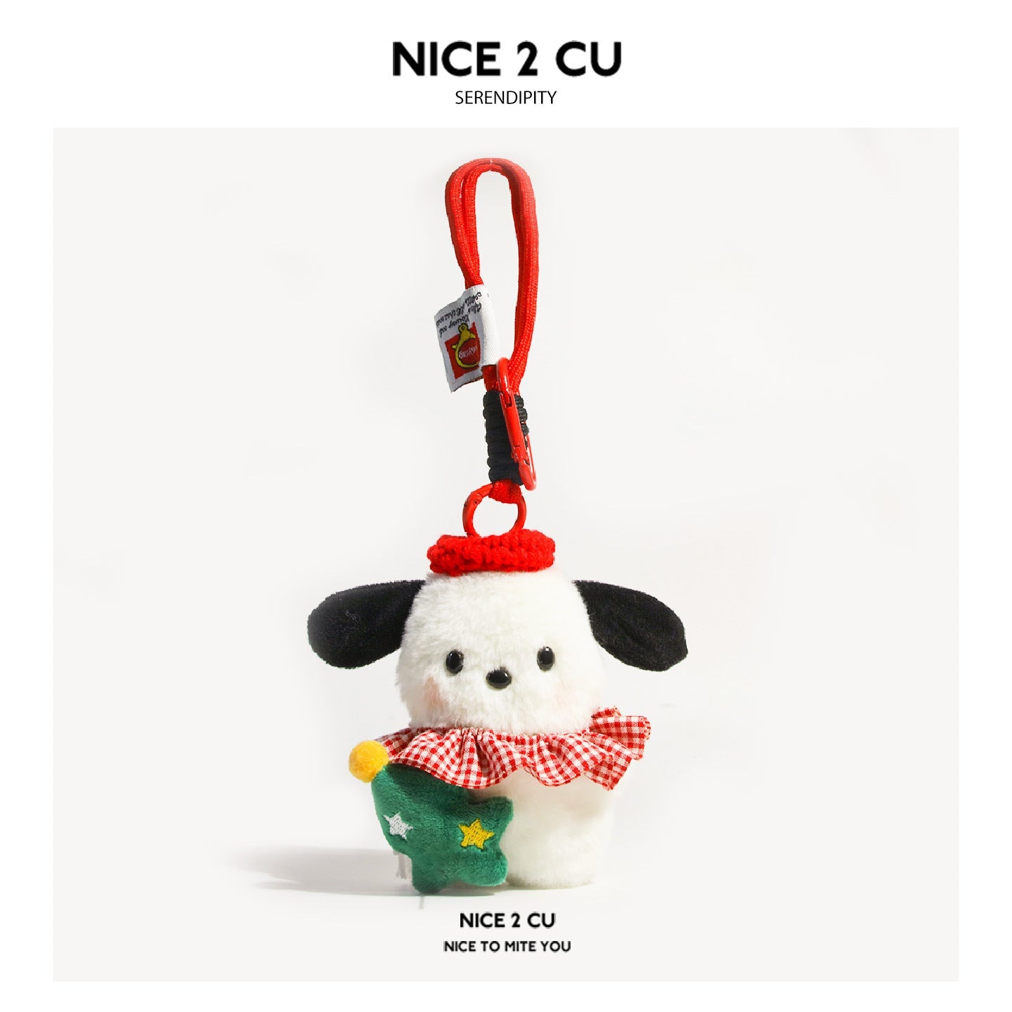 Kawaii white dog plush charm wearing red beret and gingham collar, holding green Christmas tree, with red carabiner clip