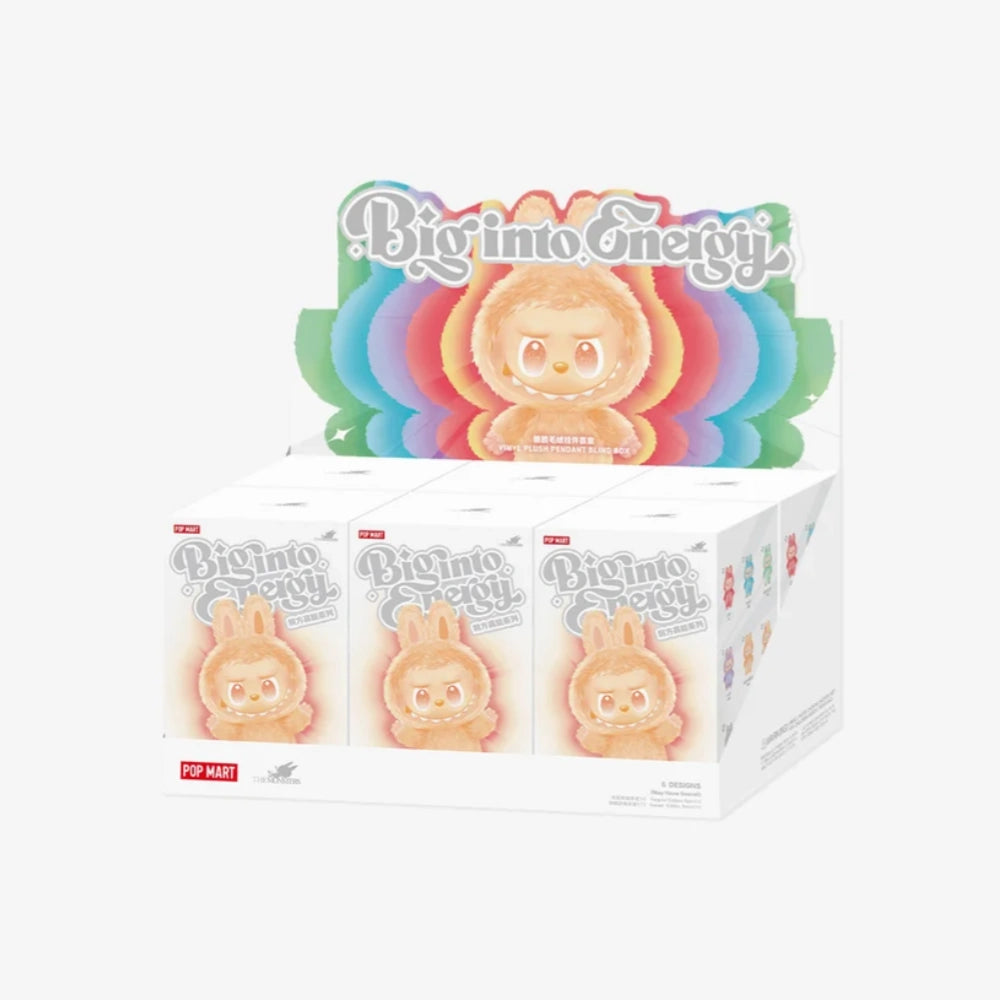 POP MART Labubu "Big Into Energy" 6‑Piece Plush Keychain Set display box features cute, orange, bunny-suited Labubu characters representing Love, Happiness, Loyalty, Serenity, Hope & Luck. POP MART branding is shown.