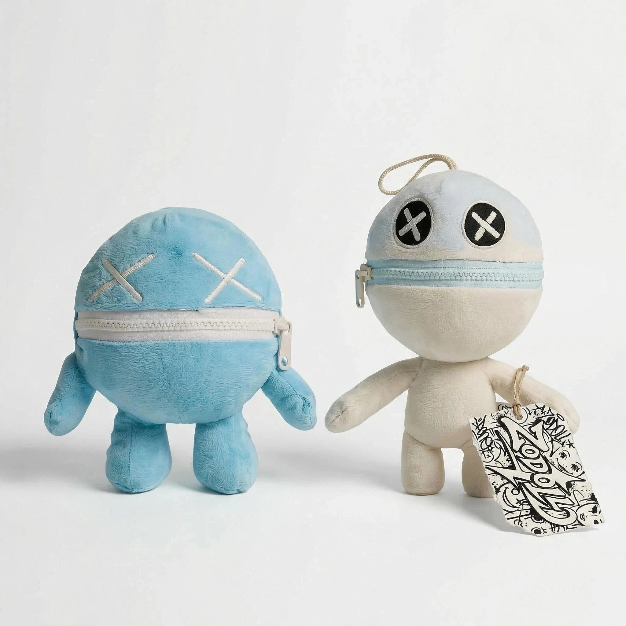 Two ZoDoll Poppy Playtime Chapter 5 Wrongside Outimals Reversible Plush toys (Ball to Beast, 2-in-1, all 6 styles) stand side by side—ideal for fans who love unique plush with zipper mouths and X-shaped eyes.