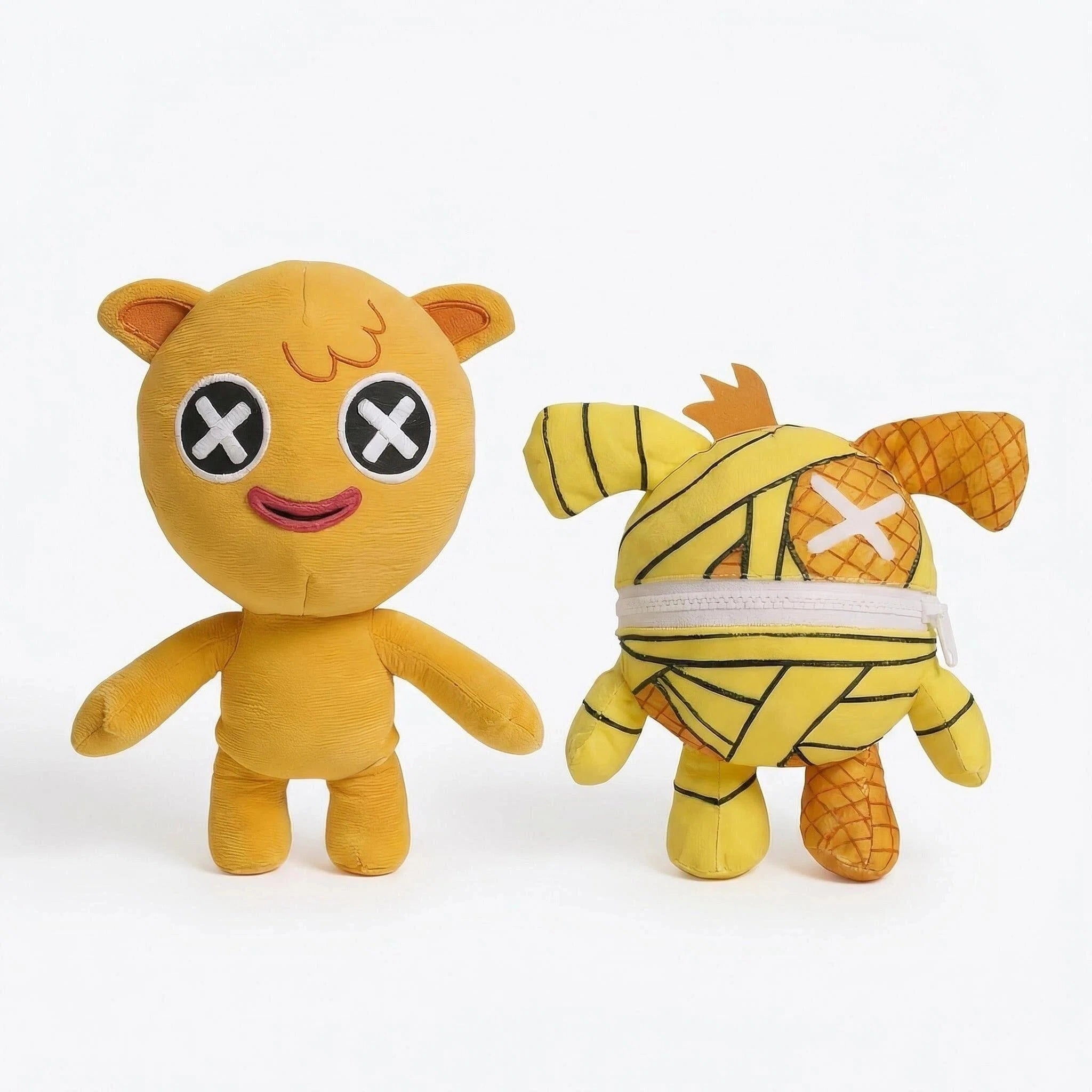 Two yellow ZoDoll plush toys: one is a simple smiling face, the other is the Poppy Playtime Chapter 5 Wrongside Outimals Reversible Plush (2-in-1 Ball to Beast), wrapped in bandages with a zipper across its face.