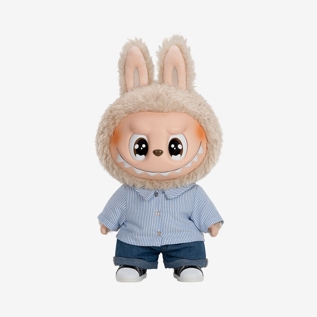 The POP MART THE MONSTERS – FLIP WITH ME 38cm Labubu Vinyl Plush Doll sports a sailor shirt and denim, featuring a big grin and rabbit-ear hood—a charming collectible for designer vinyl doll fans.