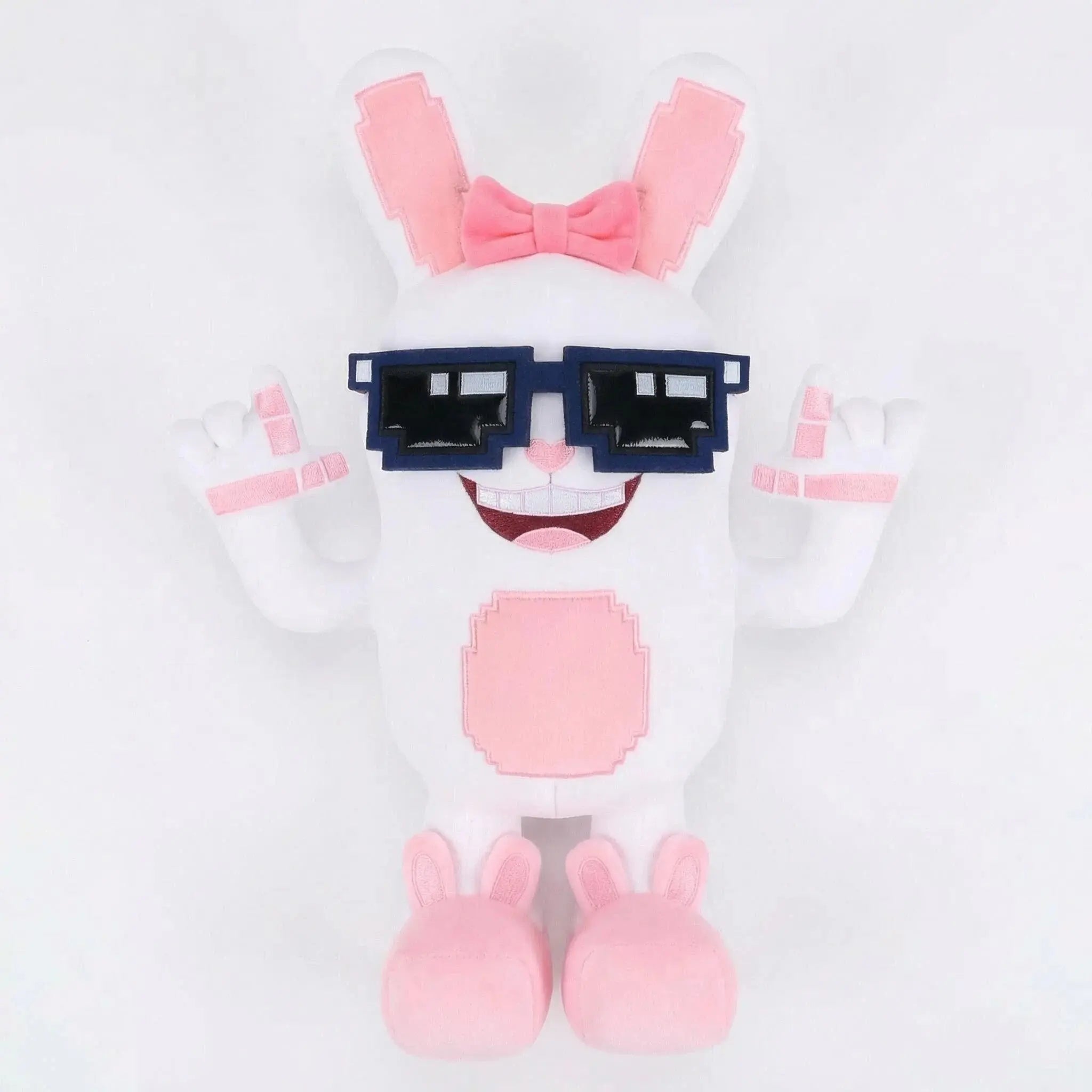 The Boppin Bunny Plush by Steal a Brainrot is a premium soft, posable bunny in white and pink with removable pixelated sunglasses and a pink bow—an adorable, collectible addition to any fan’s plush collection.