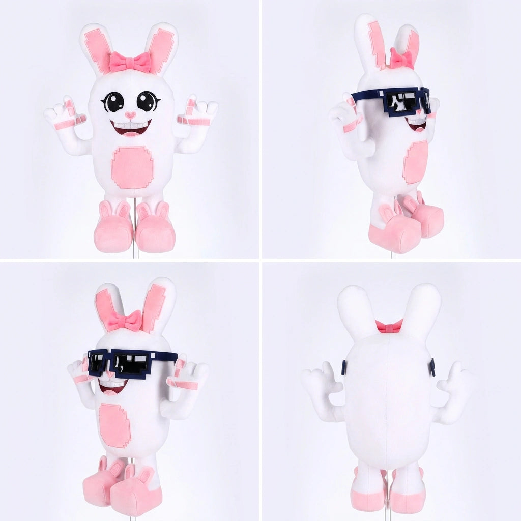 The Steal a Brainrot Boppin Bunny Plush is a premium soft posable bunny with pink accents, a bow, and removable pixelated sunglasses—shown from four angles, it’s an adorable collectible for plush fans.