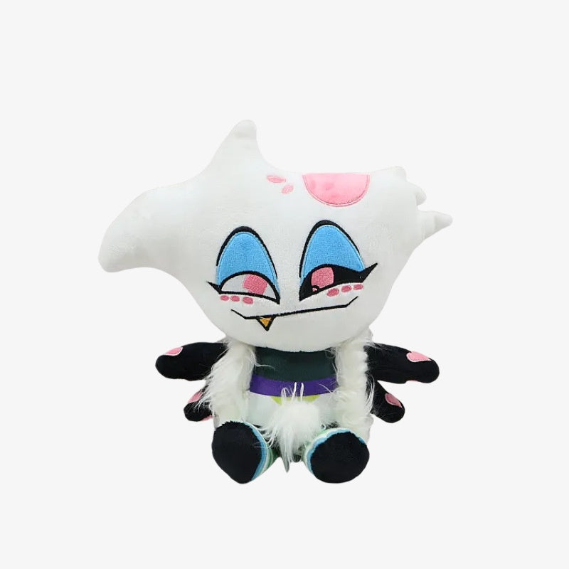 The ZoDoll Cute Angel Dust Plushie from Hazbin Hotel features a white head, blue and pink face, black wings with pink spots, and fluffy chest—an adorable kawaii fan collectible toy, shown sitting against a plain white background.