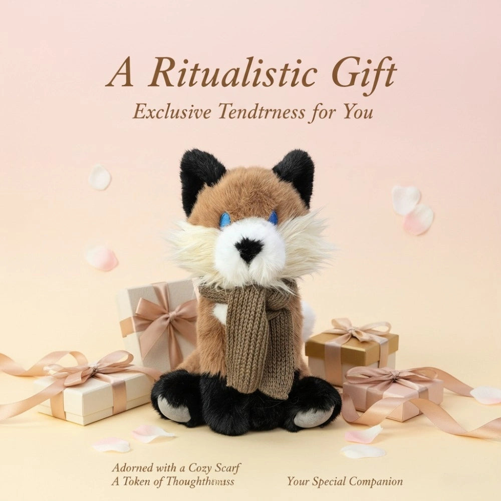 The ZoDoll Fox Plush Toy Soft Red Fox Plush Animal Stuffed Fox Doll with Scarf 30cm sits among gift boxes and ribbons, under the text "A Ritualistic Gift—Exclusive Tenderness for You." Ideal for woodland nursery decor or as a delightful fox gift.