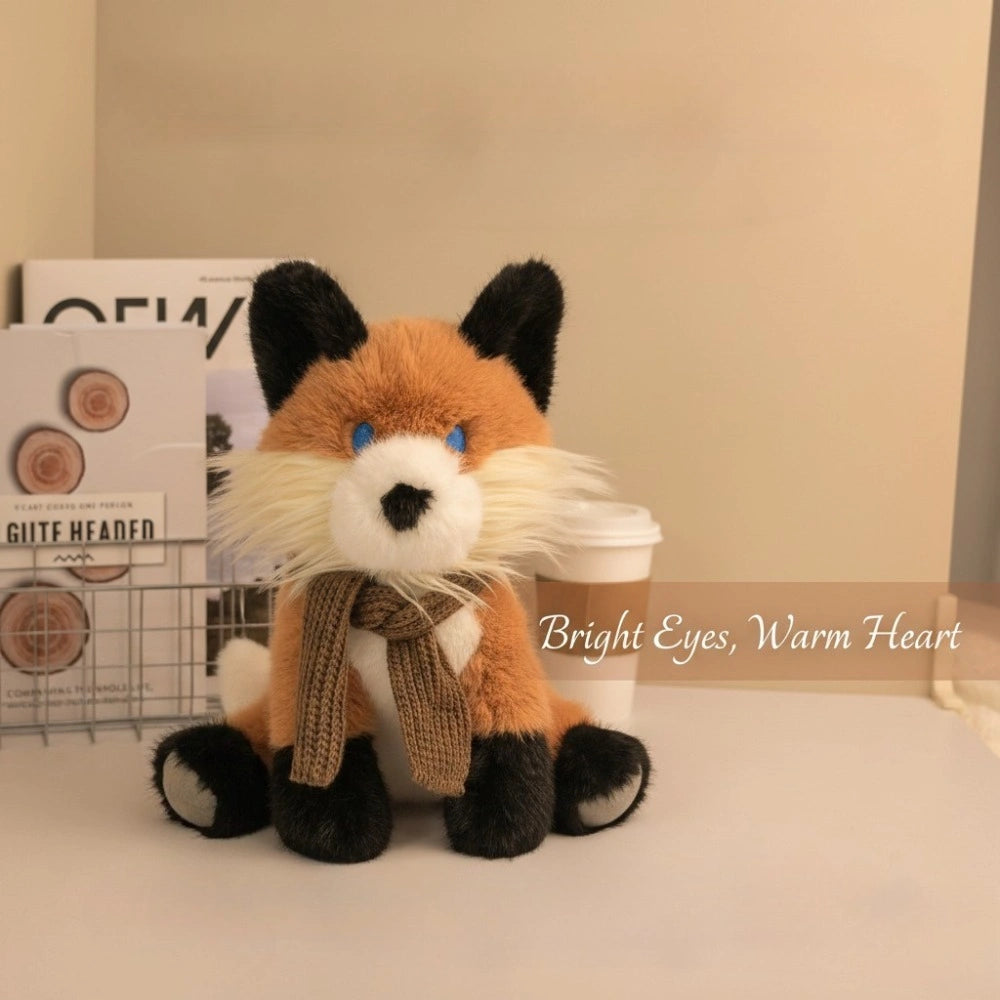 The ZoDoll Fox Plush Toy, a 30cm soft red fox stuffed animal with a brown scarf, sits on a table beside a coffee cup and magazines—perfect for woodland nursery decor. Text on the image: Bright Eyes, Warm Heart.