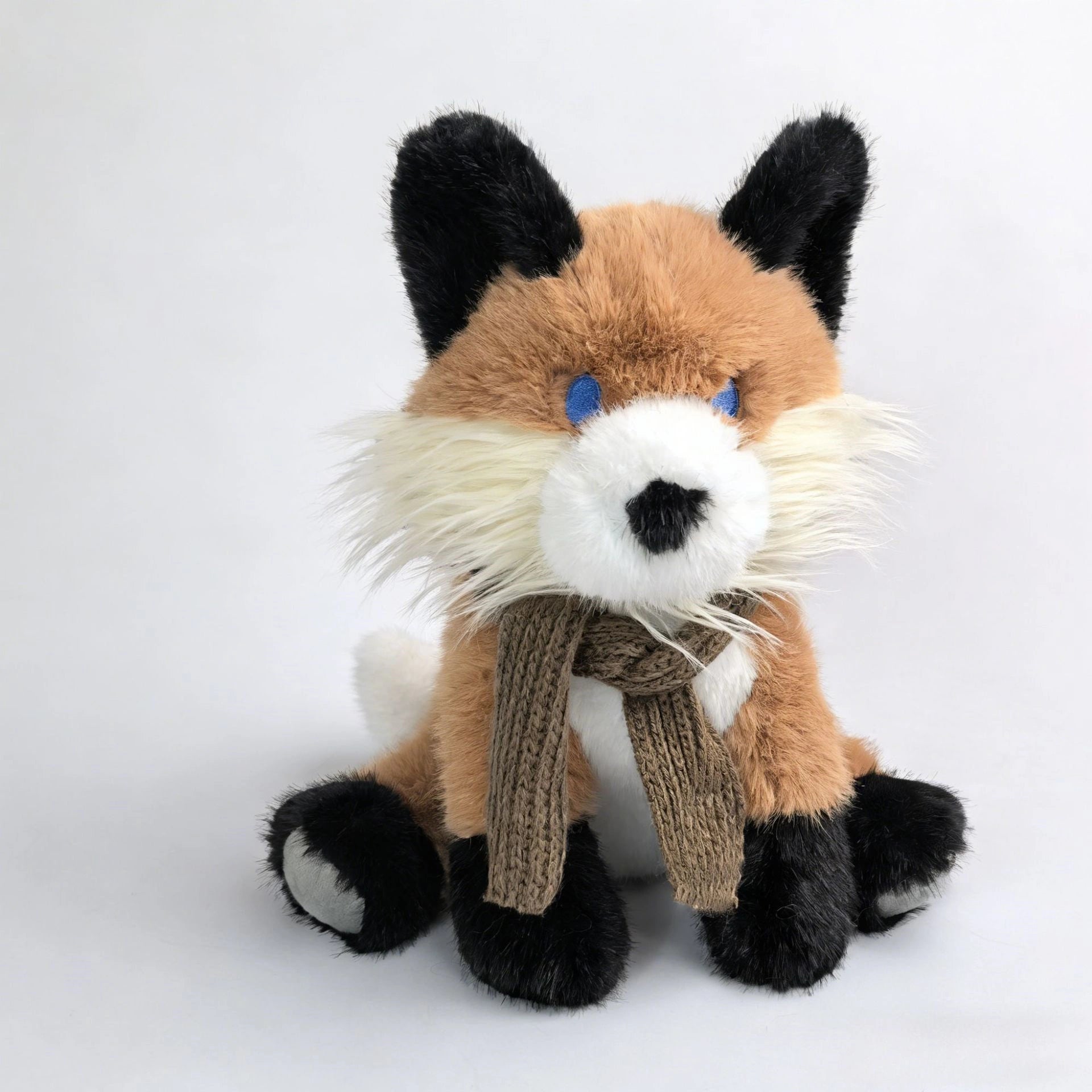 The ZoDoll Fox Plush Toy is a soft 30cm red fox stuffed animal with blue eyes, a brown scarf, and white, black, and tan fur—ideal for woodland nursery decor or as a cute plush companion.