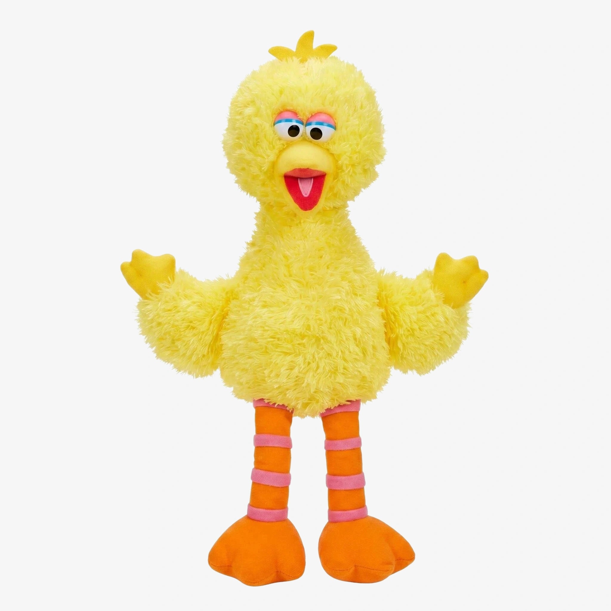 The ZoDoll Sesame Street Big Bird Plush is a 14-inch yellow stuffed animal with orange feet and striped legs, standing upright with wings slightly spread—perfect for kids and collectors.
