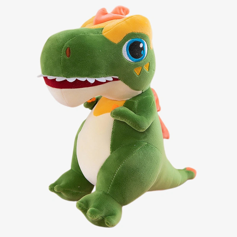 The ZoDoll T Rex Plush Dinosaur Soft Stuffed Animal Toy features green plush with orange and yellow accents, blue eyes, a white belly, and an open mouth showing small teeth. Available in 40cm or 50cm sizes.
