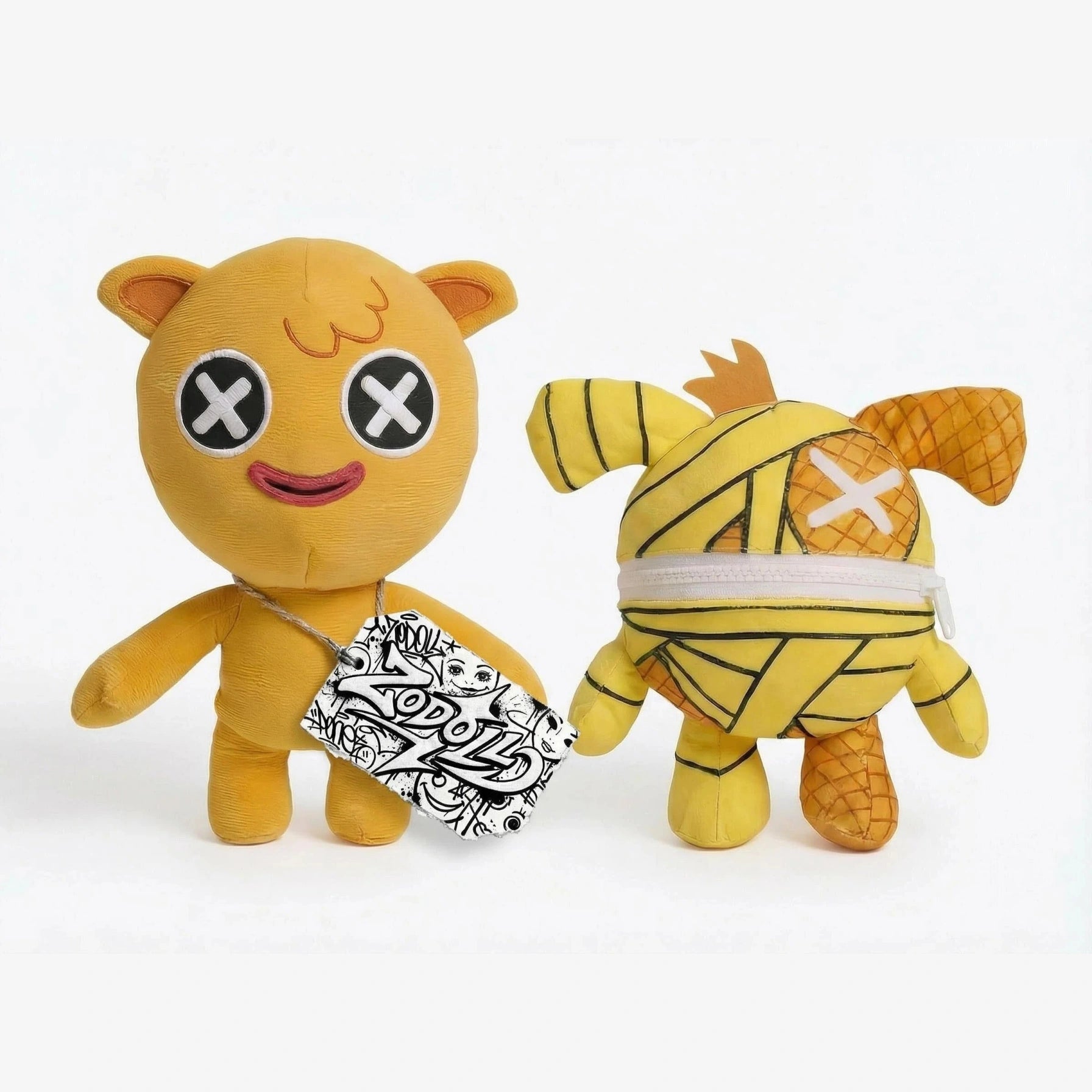 Two ZoDoll Poppy Playtime Ch. 5 Wrongside Outimals Reversible Plush toys: one with a printed shoulder bag and smile, the other wrapped in yellow bands with a zippered mouth and flopped ear. Each transforms from ball to beast (2-in-1, 6 styles).