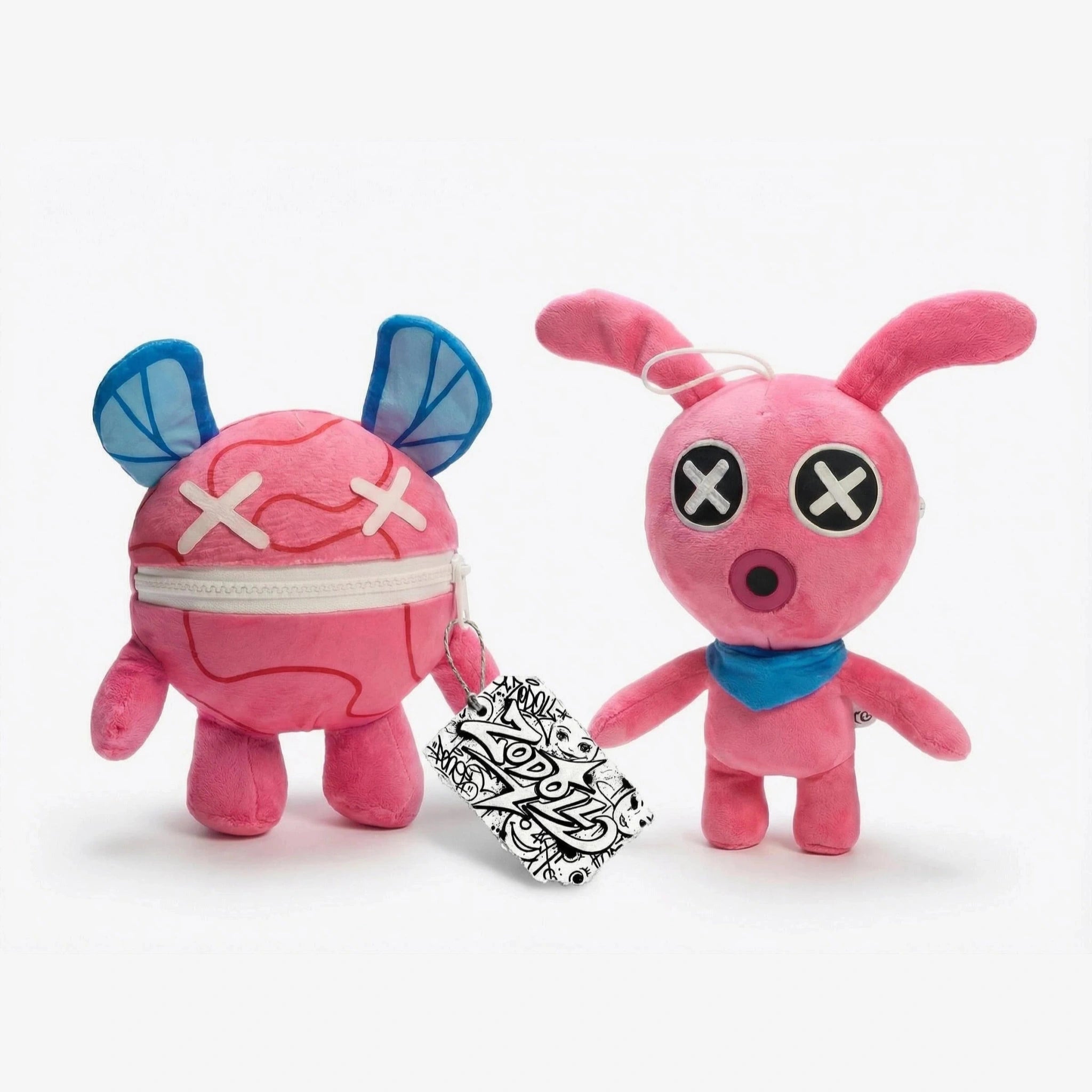 Two ZoDoll Poppy Playtime Chapter 5 Wrongside Outimals Reversible Plush toys—2-in-1 Ball to Beast transformation—with cartoon features, X eyes, zipper mouth or blue ears on one, blue scarf and raised arms on the other.