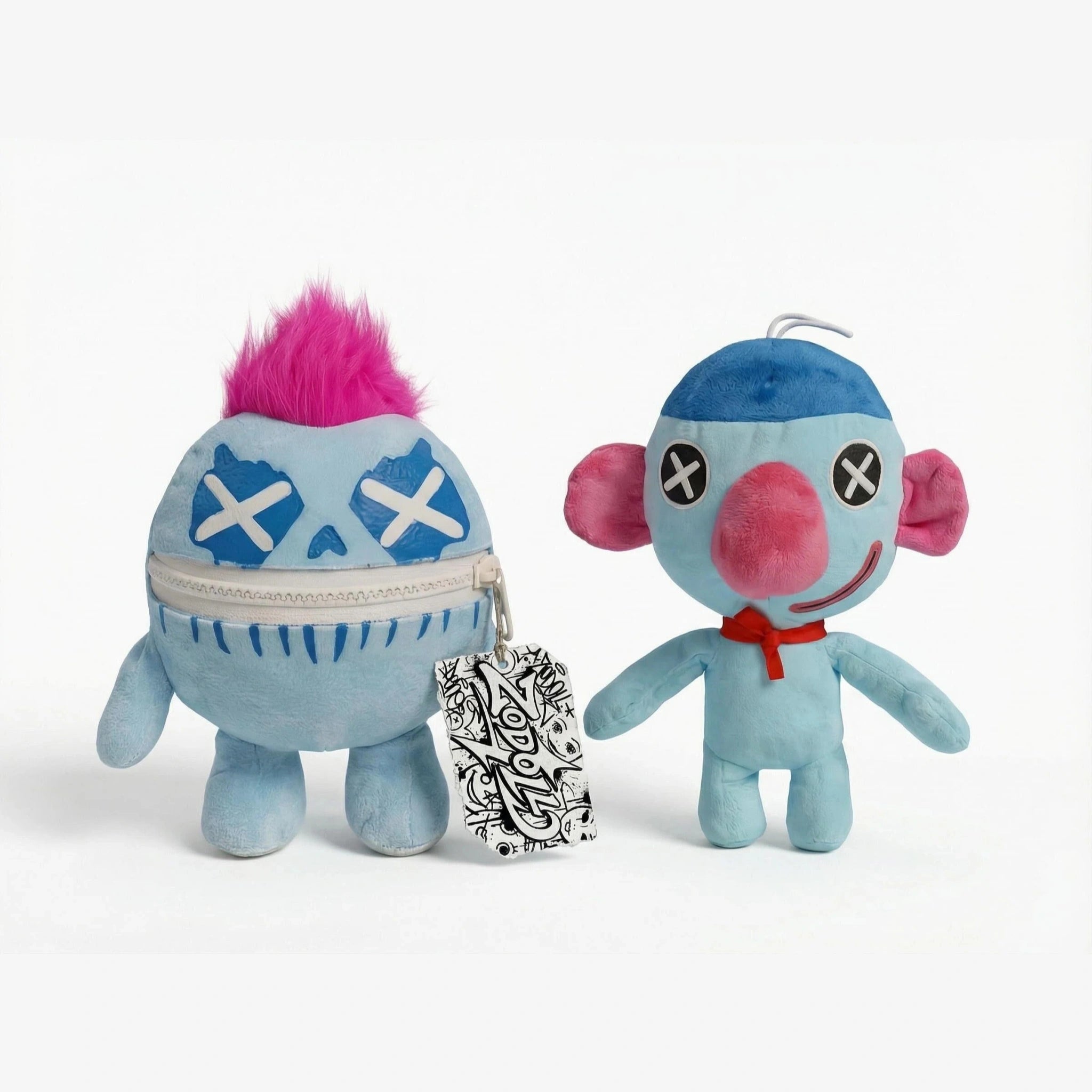 Two blue plush toys are shown: a ZoDoll Poppy Playtime Chapter 5 Wrongside Outimals Reversible Plush (2-in-1 Ball to Beast, all 6 styles) with a pink mohawk and zipper mouth; the other features a large pink nose, big ears, and red ribbon.