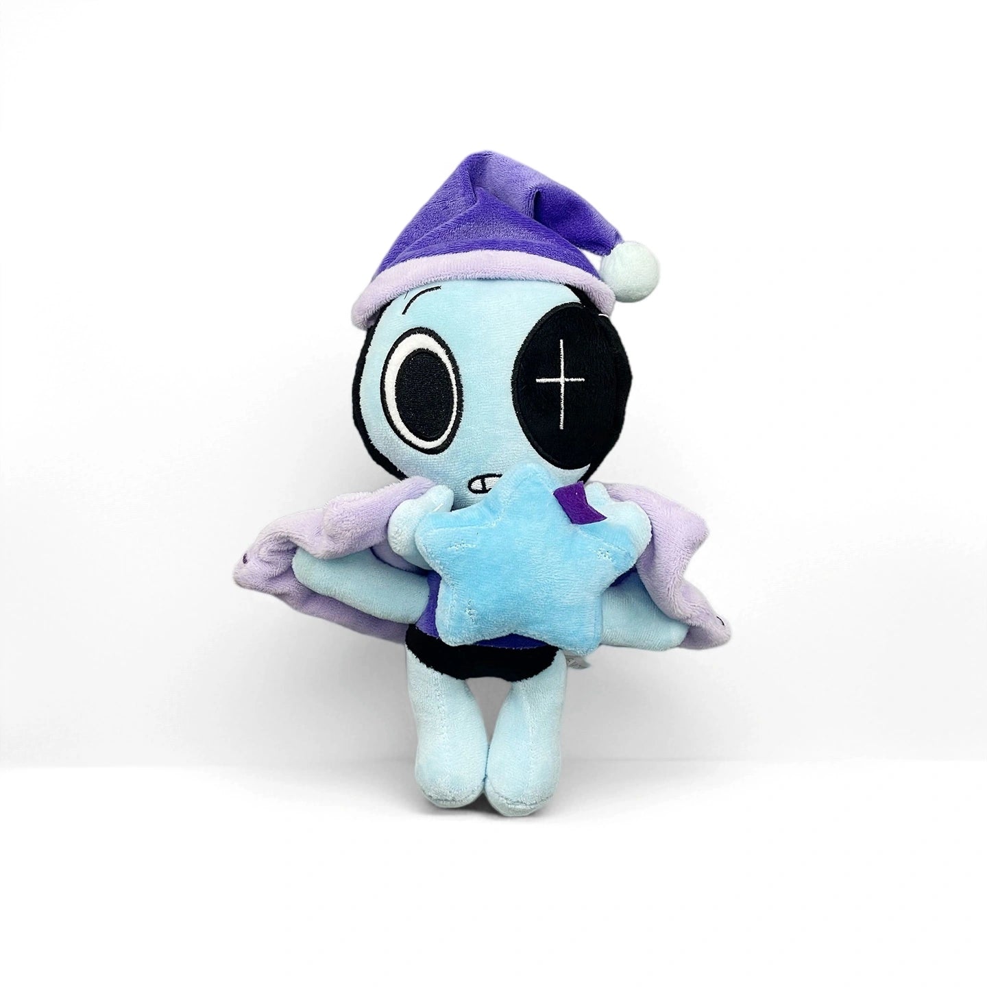 From the Dandy's World Plush Collection by Dandy’s World, this blue plush features a black eye patch, purple nightcap and cape, and holds a blue star-shaped pillow—a must-have for stuffed toy collectors. Sold individually; multiple characters available.