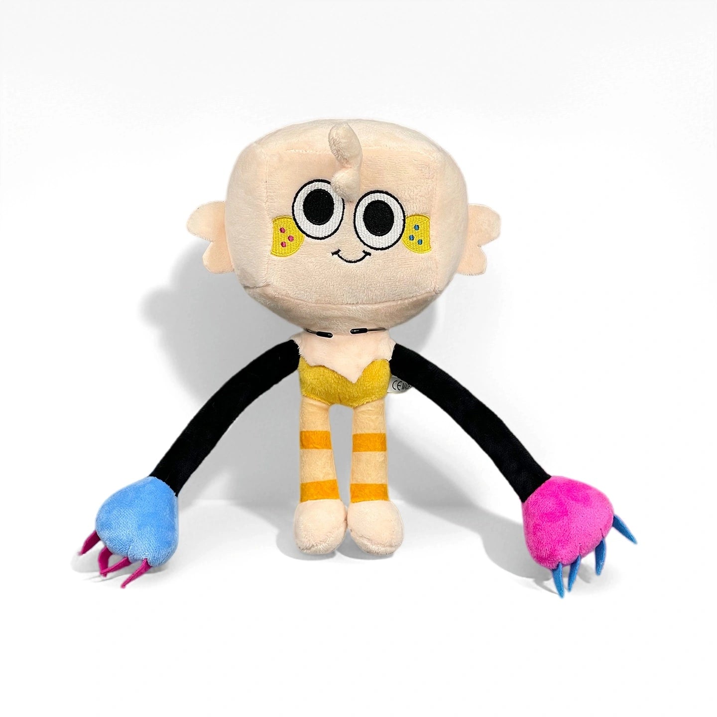 From the Dandy's World Plush Collection, this collectible plush features a large beige head, bandage-style cheek designs, striped yellow legs, and long black arms with blue and pink claws. Sold individually—perfect for any Dandy's World fan!.