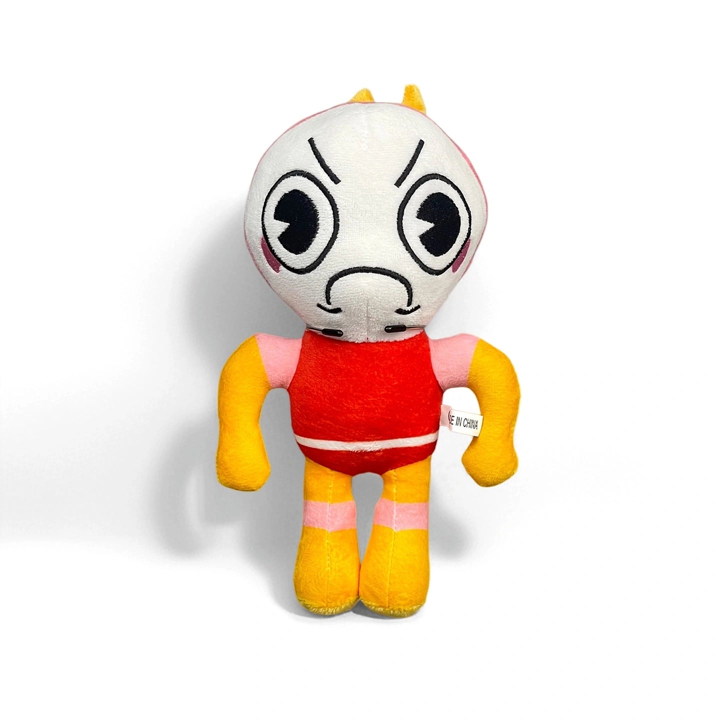 The Dandy's World Plush Collection features soft stuffed toys with white round heads, big black eyes, red shirts, yellow arms and legs, and a side label. Each plush from Dandy's World is sold individually against a plain white background.