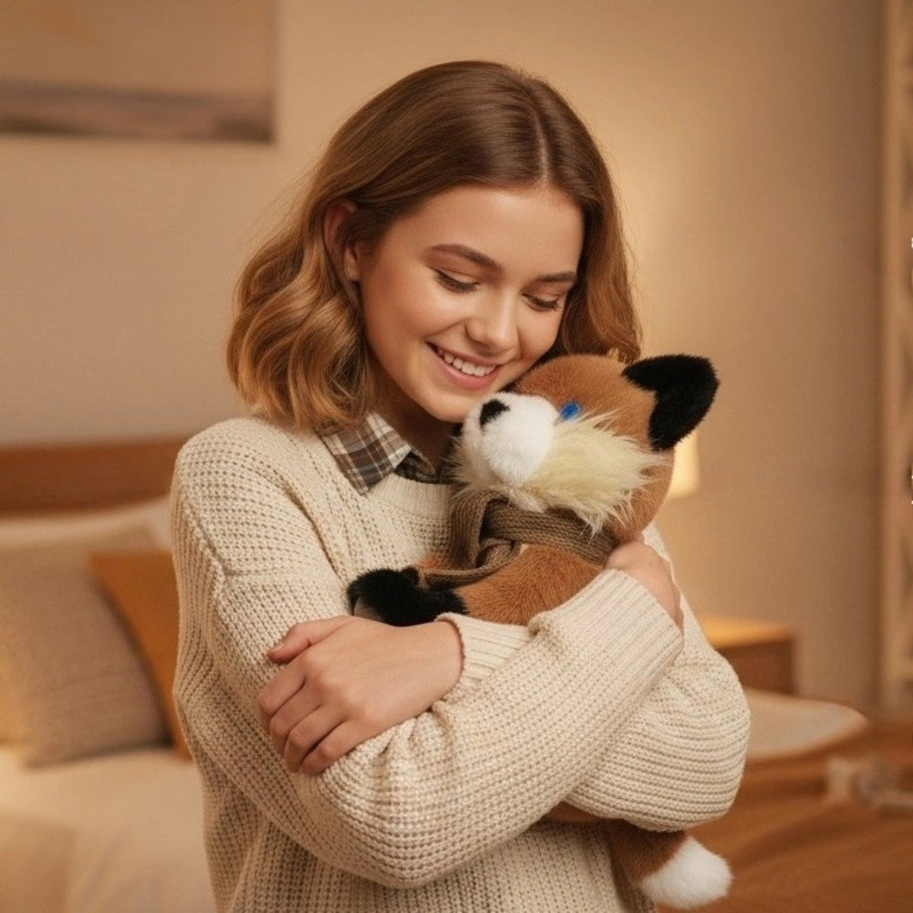 A young woman smiles while hugging the ZoDoll Fox Plush Toy—a soft, 30cm red fox stuffed animal with a scarf—in a cozy, softly lit bedroom.