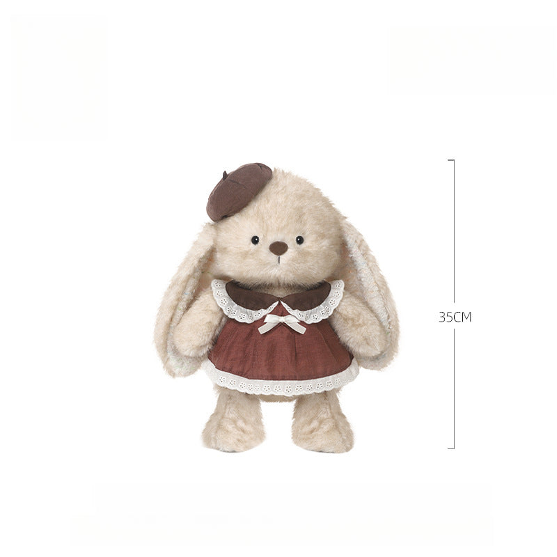 The JOOKI 35cm Cute Bunny Plush Toy features a soft stuffed rabbit doll for girls, dressed in a brown beret and brown dress with white lace trim, shown standing upright next to a 35cm height marker.
