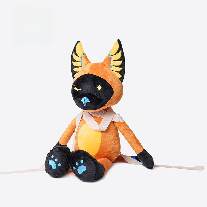 ZEIO's Egyptian Cat Plush Toy—Mystical Soft Stuffed Animal with star eyes—features orange and black fur, yellow, blue, and black accents, large ears, and a beige strap. This unique mythology plush sits on a plain white background.