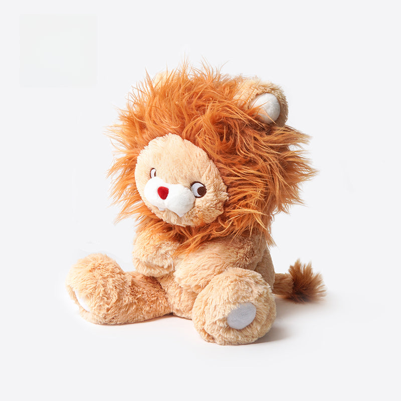 The ZEIO Lion Plush Toy 30cm, a soft cuddly king of the jungle stuffed animal with a fluffy mane, beige body, white snout, and gray embroidered paw pad sits against a plain white background.