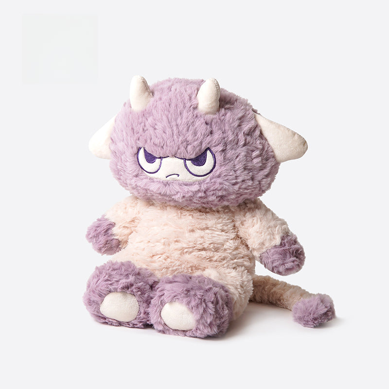 The ZEIO Lilith Demon Lamb Plush Toy (32cm) is a soft, pastel purple and cream stuffed animal with devil horns, a tail, and an angry face, designed to resemble a cute demon sheep.