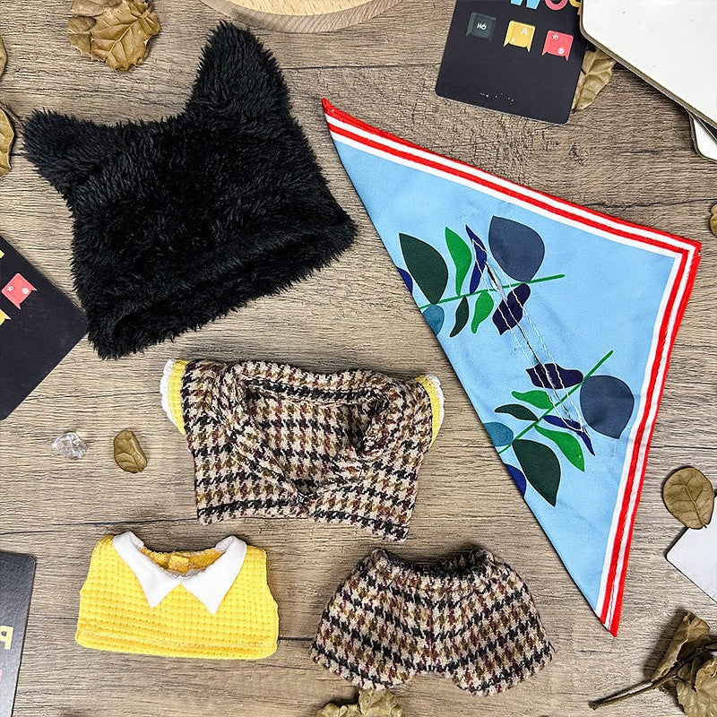 Dress your Pop Mart Labubu doll in style with ZoDoll's Labubu Doll Brown Tweed Plaid Suit Set and Black Fluffy Bear Hat—perfect accessories for a chic look on any display surface.