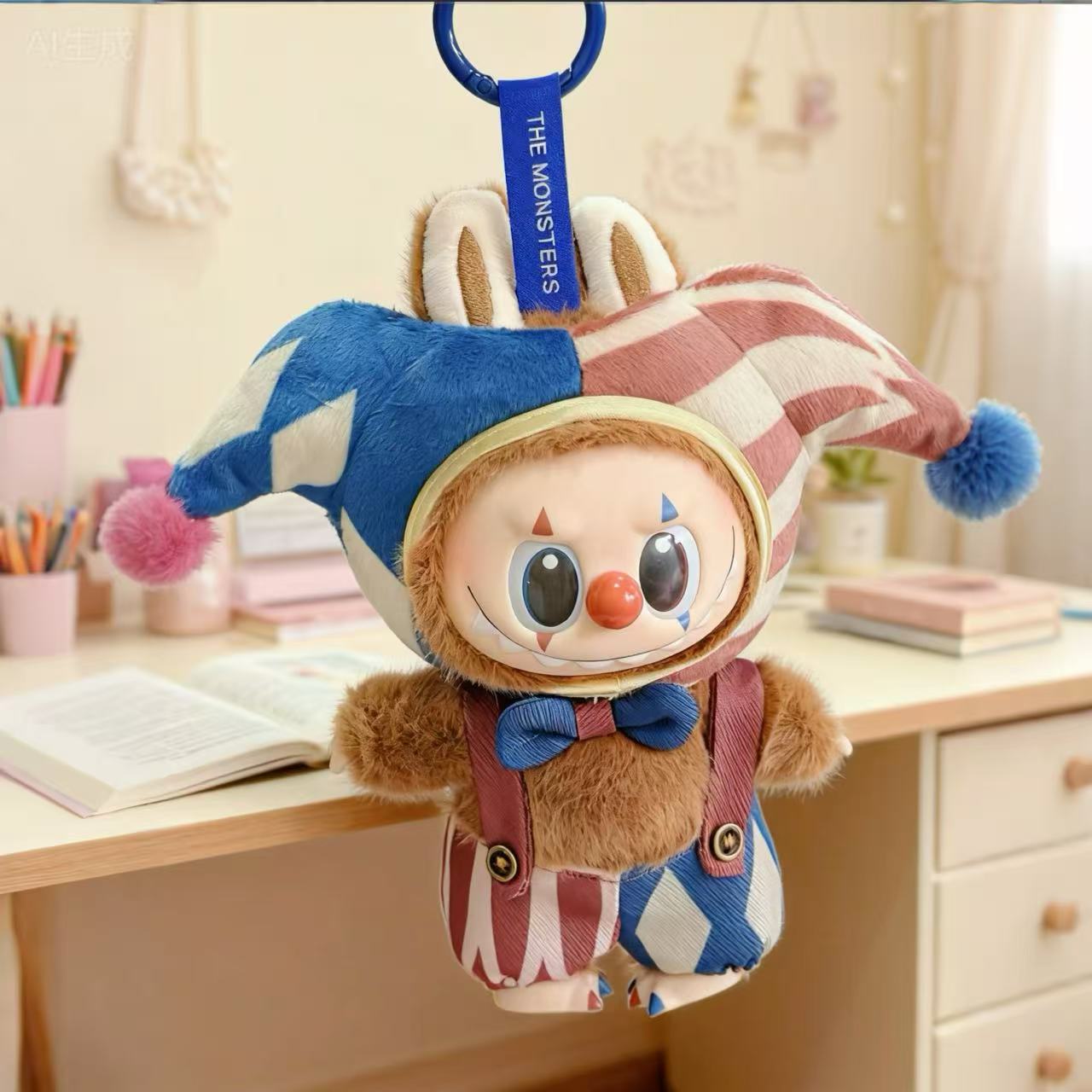 The ZoDoll Labubu Jester Clown Doll Costume in a blue-red harlequin circus outfit hangs on a THE MONSTERS strap in a well-lit room with books and a plant—ideal for Pop Mart collectors.