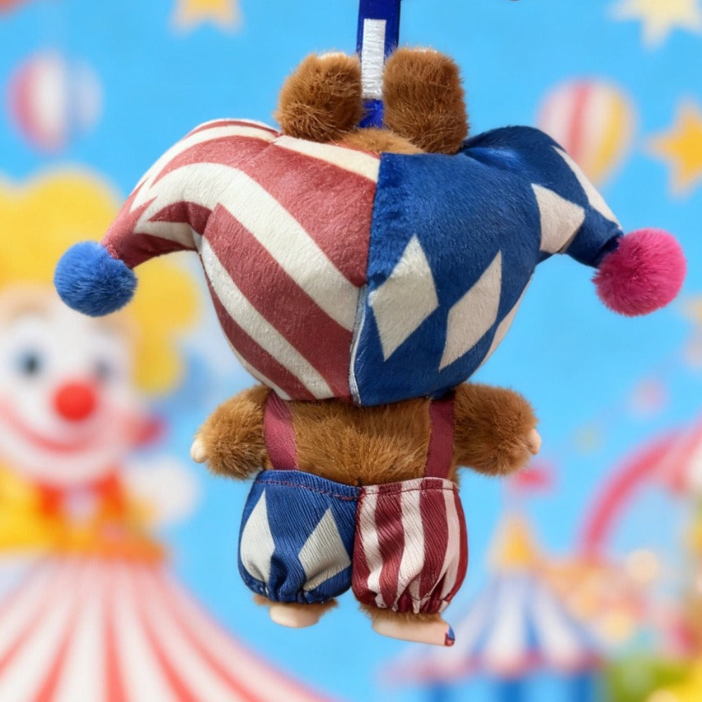 The ZoDoll Labubu Jester Clown Doll Costume features a blue and red harlequin circus outfit with a matching hat, displayed upside down against a lively background—an ideal collectible for Pop Mart fans.