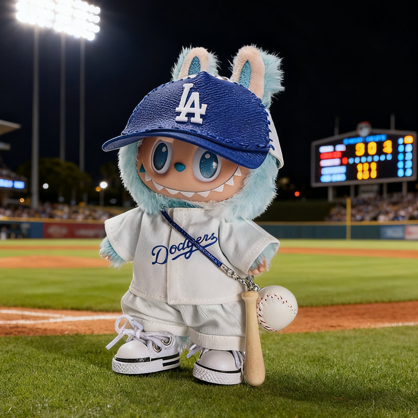 A ZoDoll Labubu plush, dressed in a Dodgers Baseball Jersey & LA Visor Cap Outfit Set, stands by home plate with a mini bat and ball under stadium lights—an ideal collectible for baseball and plushie fans!.