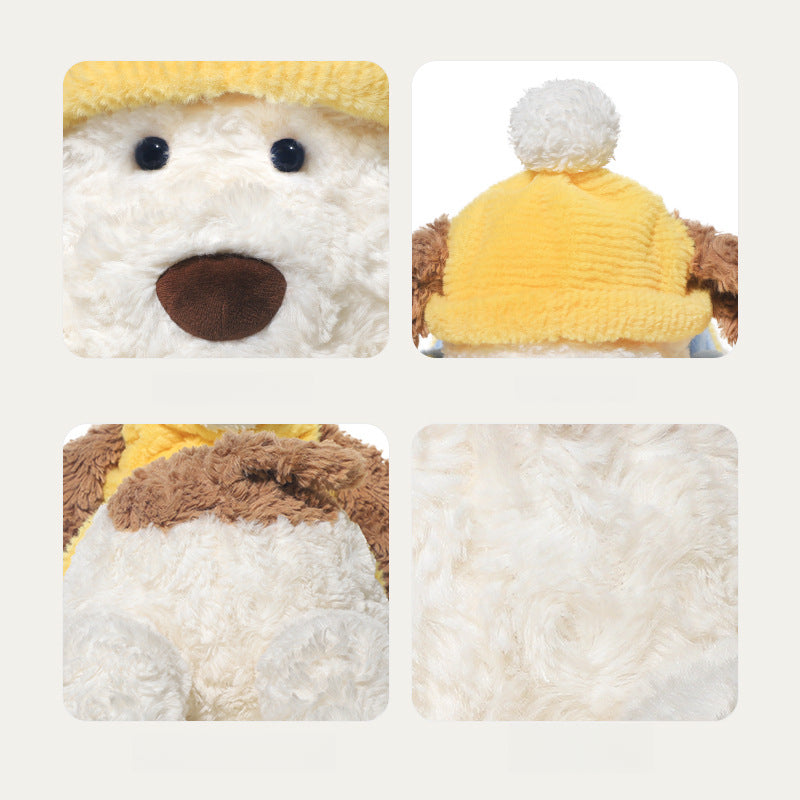 Four close-up shots of the 44cm JOOKI Lying Dog Plush Toy with Yellow Hat highlight its cute face, fluffy fur, ear, and hat details—perfect for kids, decor, and plushie fans.
