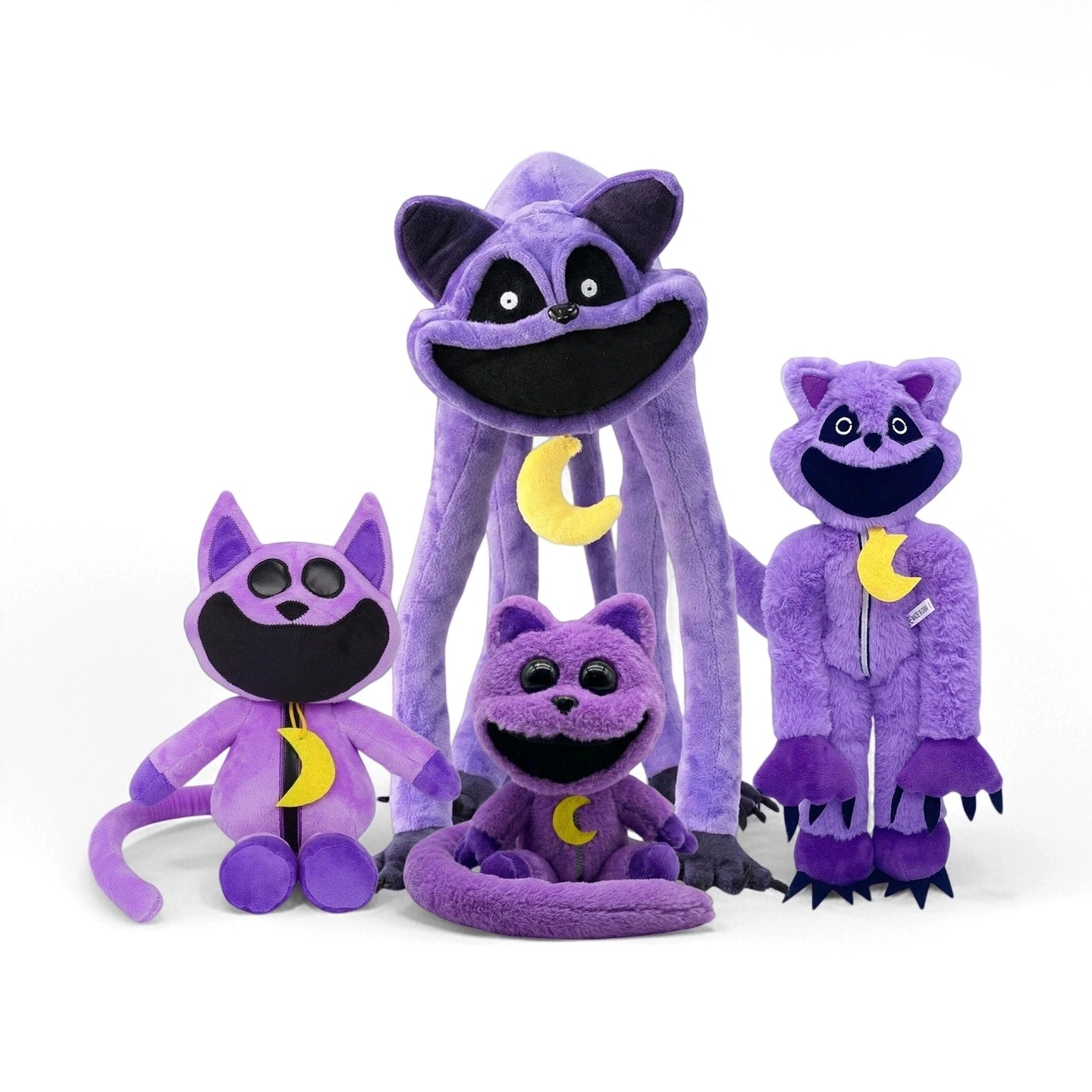 Four Poppy Playtime CatNap Plush toys—Monster & Nightmare styles—are arranged together on a white background. Available in 4 styles, these plush toys resemble purple cats with big smiles and crescent moon pendants.