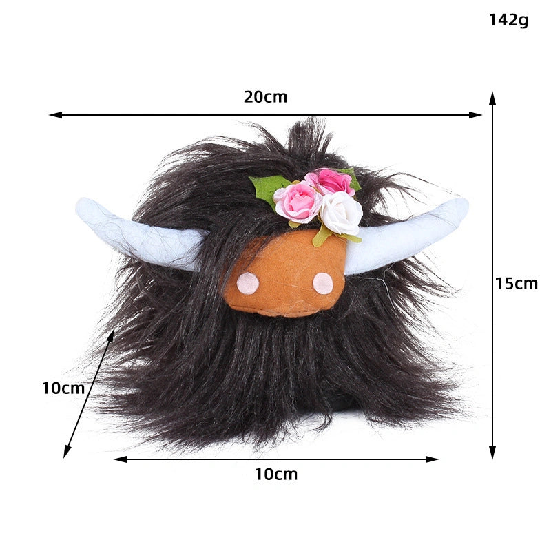 ZoDoll Highland Cow Plush Toy with soft long hair, pink bow, and white horns; measures 20x15x10 cm, weighs 142g. Available in 6 colors.