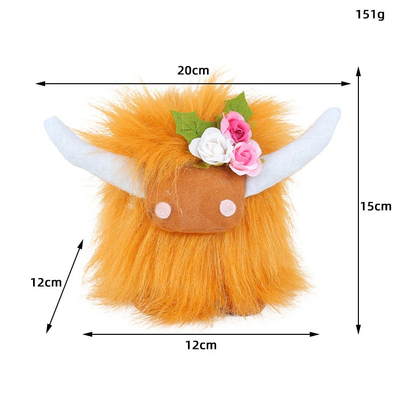 ZoDoll Highland Cow Plush Toy with Pink Bow features soft long hair, white horns, flower crown, and comes in 6 colors. Size: 20cm x 15cm x 12cm, weight: 151g. Perfect for cuddling or as cute decor!.