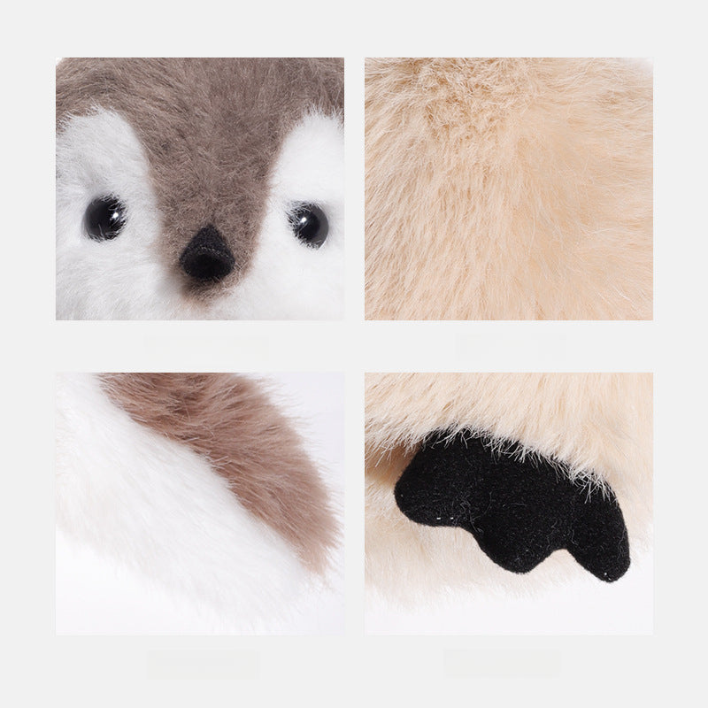 Close-up images of the JOOKI 20cm Baby Penguin Plush Toy show its cute face, soft grey and white fur, brown and white tail, and black felt foot—perfect for nursery decor or as a cuddly stuffed animal—against a white background.