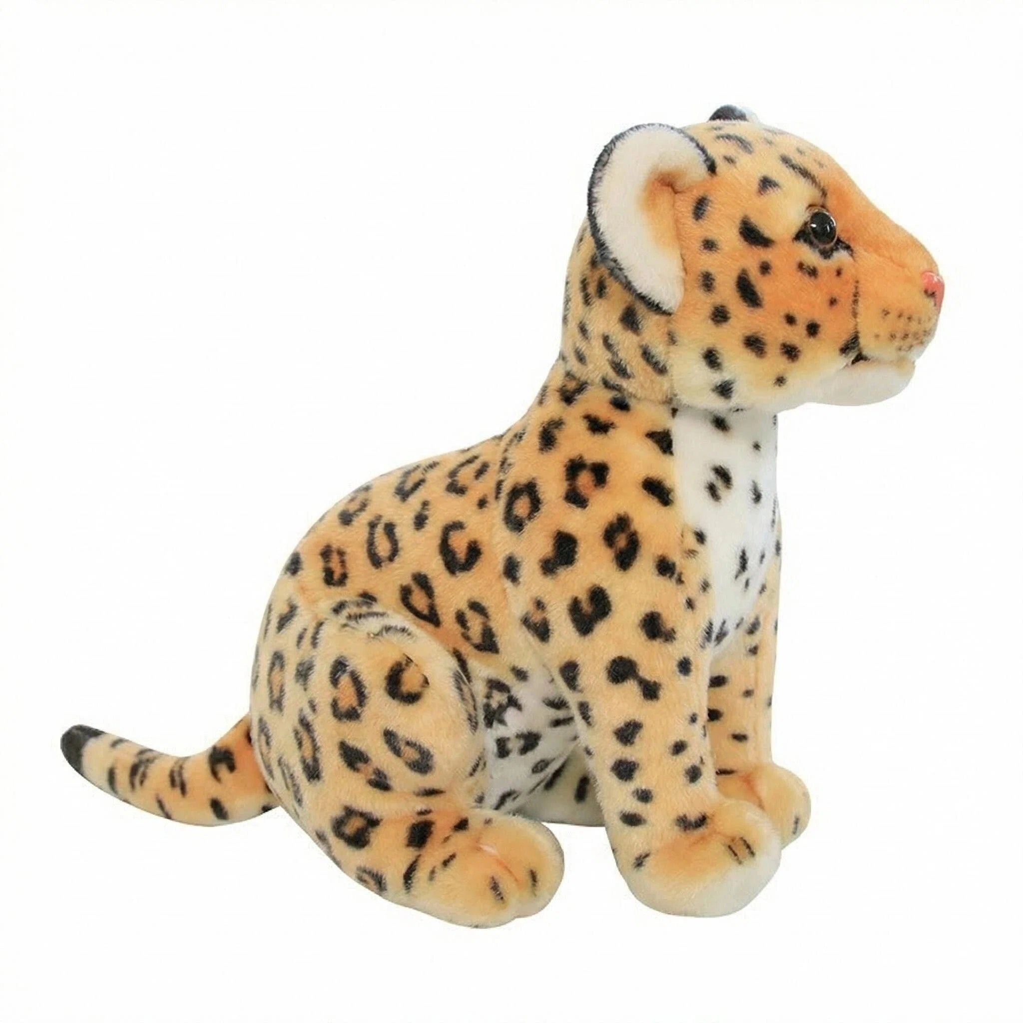 A ZoDoll Cheetah Plush Animal Stuffed Toy, featuring soft orange and black spotted fur, sits upright facing right against a plain white background. Available in 23cm, 27cm, and 33cm sizes.